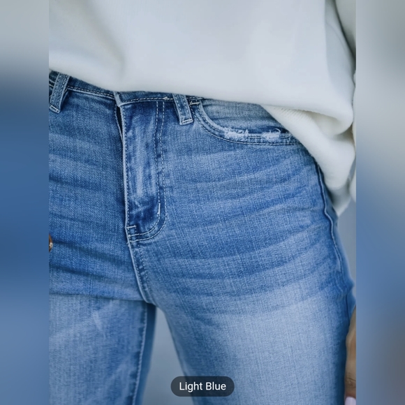 Women's Light Blue Mid Rise Slim Fit with Classic Flare Leg Raw Hem Denim Jeans - Picture 5 of 5